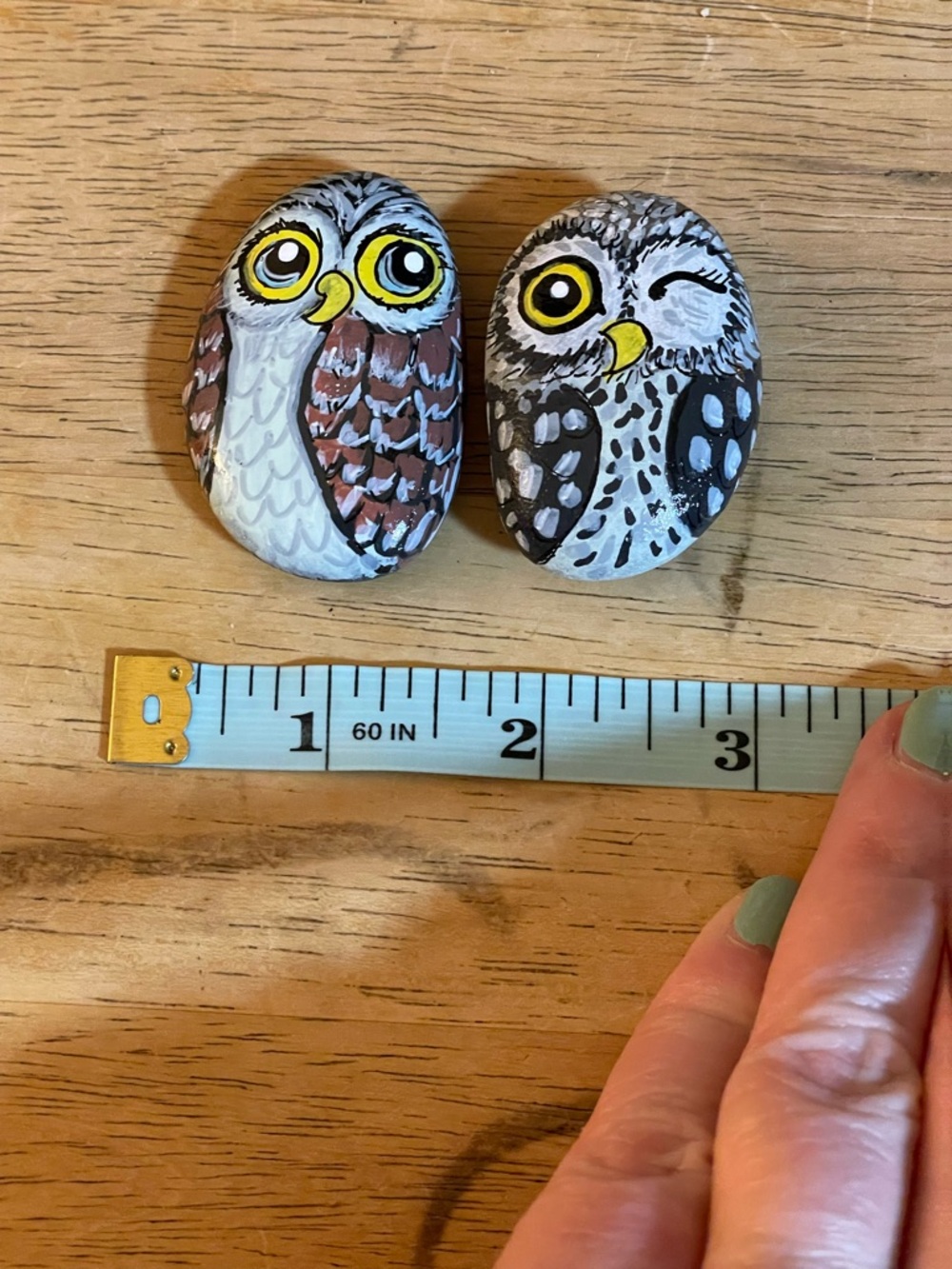 Hand crafted painted OWL rocks yellow black gray white set of 2 stones 2x1.5 in - Picture 8 of 9